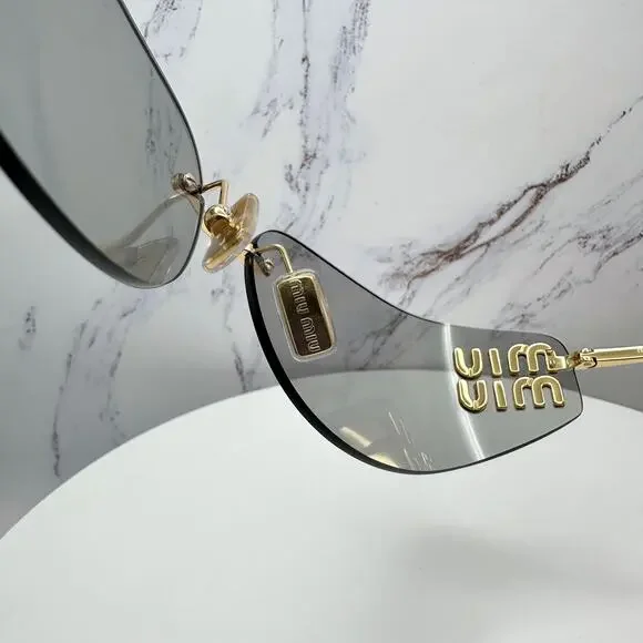New MIU MIU Logo Sunglasses 2025 Runway Gold Slim Skinny Wrap Rimless Italy